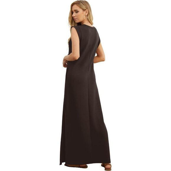 Grecerelle Women Dark Coffee Round Neck Loose Split Wrinkle-Free Long Maxi Dress - Picture 5 of 6